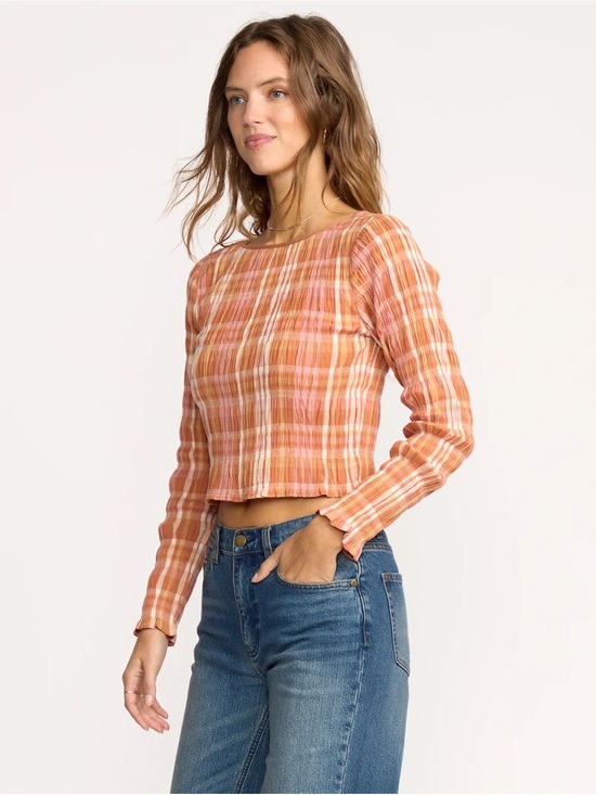 Billabong Tops - Billabong NWT Check Me Out Long Sleeve Smocked Crop Top Sunburnt Women Size M